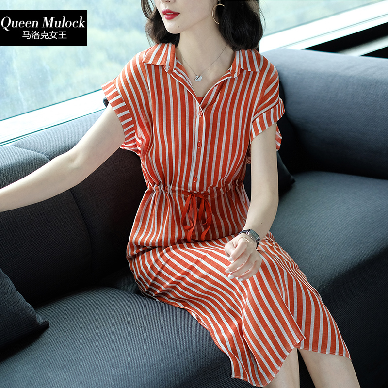 Queen2018Ïļ¾Ð¿îÅ®×°POLOÁì¶ÌÐäÊÕÑüÏÔÊݺì°×ÌõÎÆÖг¤¿îÁ¬ÒÂȹ