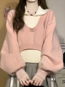 韩系宽松慵懒风粉色polo领毛衣女春秋学院风针织衫两件套短款上衣