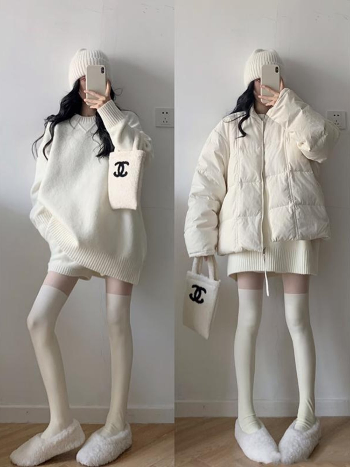 韩式慵懒风格白色浣熊绒秋冬女性中长针织衫搭配高端软糯针织衫上