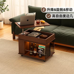 茶几小户型客厅家用沙发边柜中古小推车边几 实木移动边几可升降式
