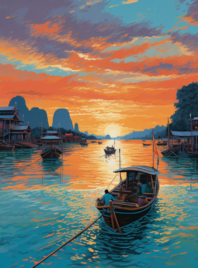 江船水远烟波上DIY数字治愈风景丙烯画填色手绘装饰画