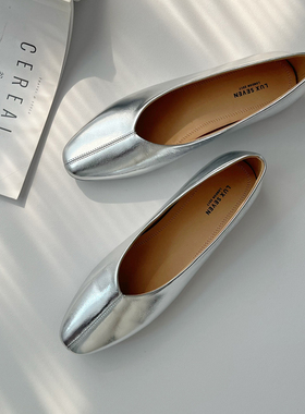 会员福利| 质感法式复古奶奶鞋 银色方头芭蕾鞋浅口平底单鞋女