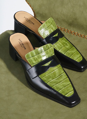 会员福利 | 高及小众 初春一抹绿 方头鳄鱼纹拼接中跟穆勒鞋女