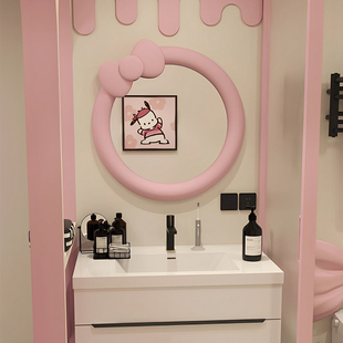 ins奶油风圆形蝴蝶结化妆镜ed智能防雾浴室镜轻奢创意粉色卫浴镜
