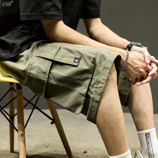工装短裤男生日系覆古军绿色潮流直筒五分裤阿美咔叽机能五分裤夏