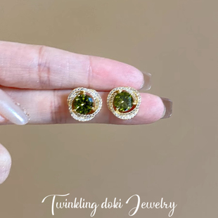 莱茵河畔法式优雅复古高级感闪耀宴会锆石橄榄绿耳钉耳夹耳环项链