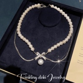 小香风法式 珍珠项链高级感双层蝴蝶结锁骨链轻奢小众礼服颈链仙女