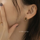 日本日系 无耳洞耳夹女 925银针耳钉 复古美拉德虎眼石 日常好搭