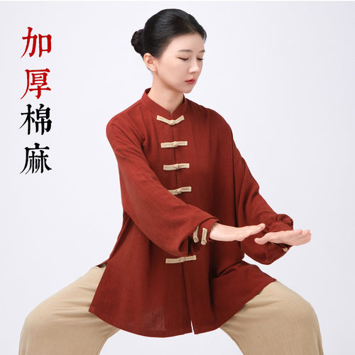 小和山太极服女2025新款太极拳八段锦练功服秋冬加厚棉麻上衣年轻