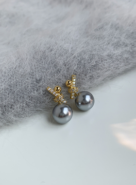 S925银轻奢风镶钻蝴蝶结灰色珍珠气质高级感耳钉2025秋冬新款耳环