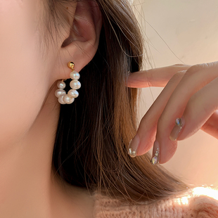 法式 复古巴洛克高级感天然淡水珍珠串耳环简约精致前后挂耳饰新款