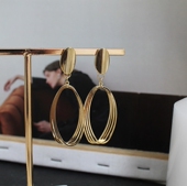 S925银针韩国光面金属镂空层叠椭圆耳环欧美风夸张气质耳钉饰品女