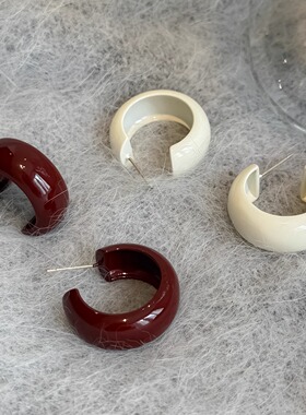 S925银针秋冬复古风红色简约金属C圈珐琅耳环耳钉耳饰潮人高级感