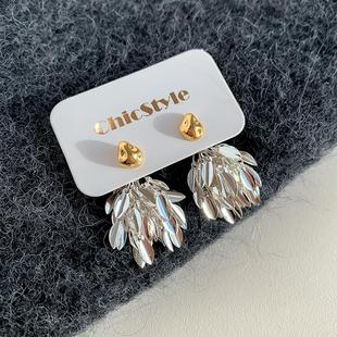 S925银针金属撞色流苏吊坠耳环气质潮人高级感显脸瘦耳饰长款 女