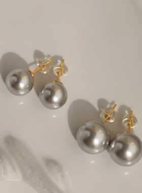 925银针法式高级感fever同款耳钉正圆真多麻银灰色珍珠耳环清冷感