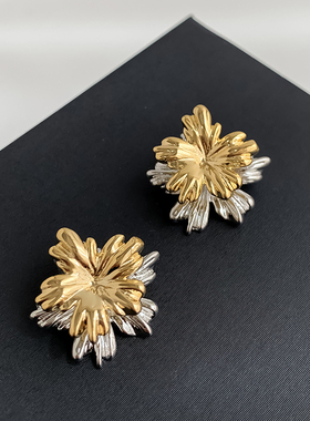 S925银针欧美风设计感金银撞色金属花花耳环前后挂一款两戴耳饰女