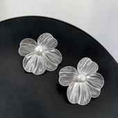 S925银针夸张清冷银色金属大花花珍珠耳环个性 耳饰女 潮人小众夏季