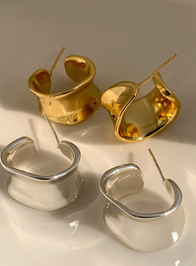 松本惠奈同款C形宽面耳圈日系925银针不规则高级感金属圈圈耳环女