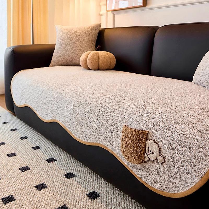 高级感异形皮沙发垫卡通口袋小狗四季通用防滑雪尼尔防猫抓盖垫