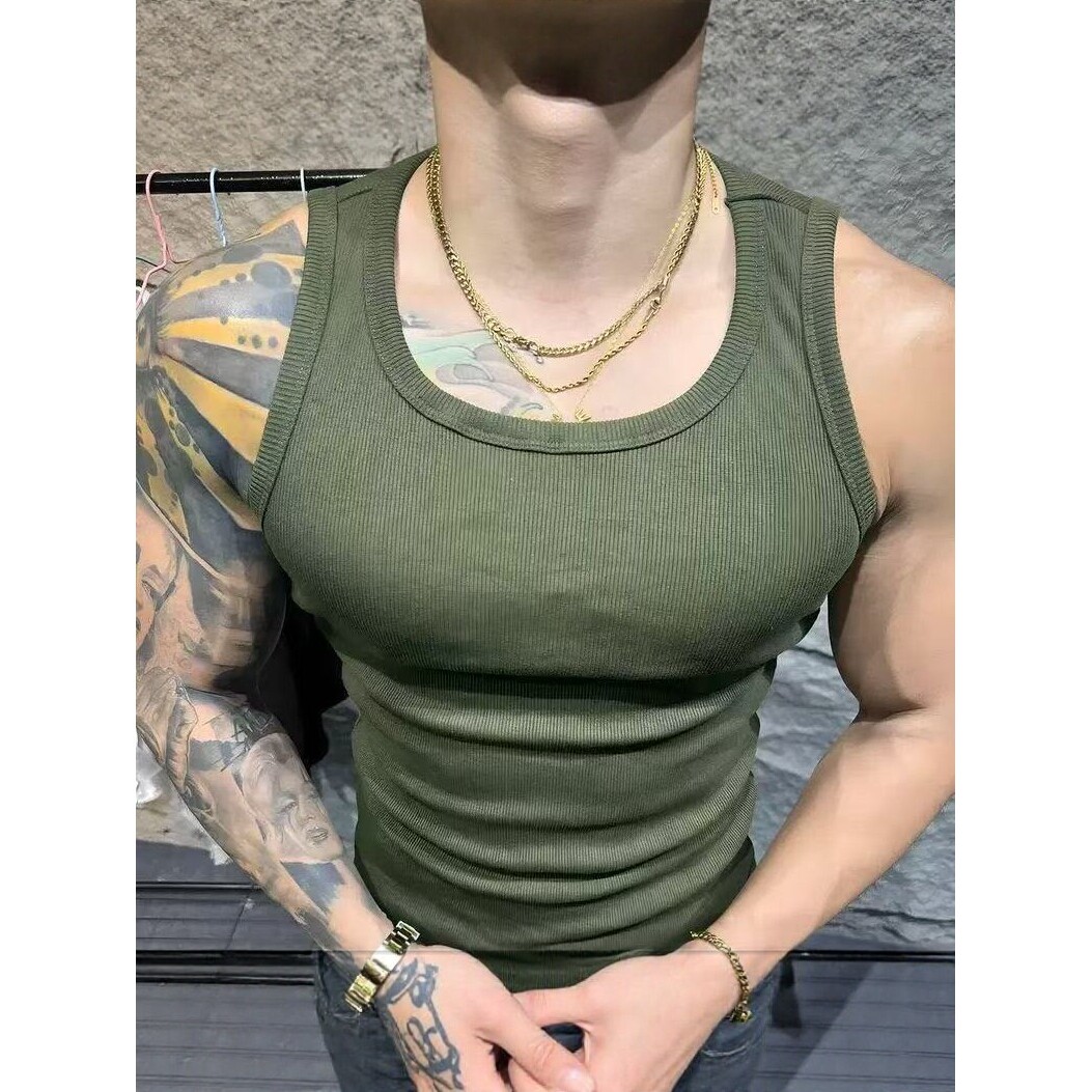 美式重磅背心男款白色打底t恤无袖坎肩紧身弹性健身运动马甲