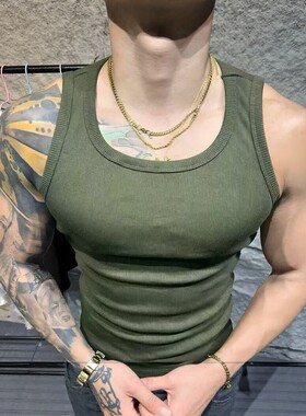 美式重磅背心男款白色打底t恤无袖坎肩紧身弹性健身运动马甲