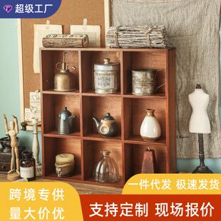化妆品置物架木质桌面收纳盒复古九宫格桌上杯子胶带盲盒柜