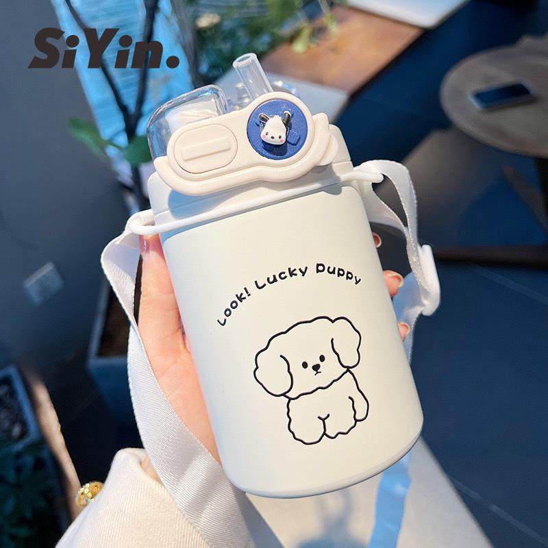 保温杯女生双饮口可爱卡通咖啡杯带吸管316不锈钢水杯高颜值杯子