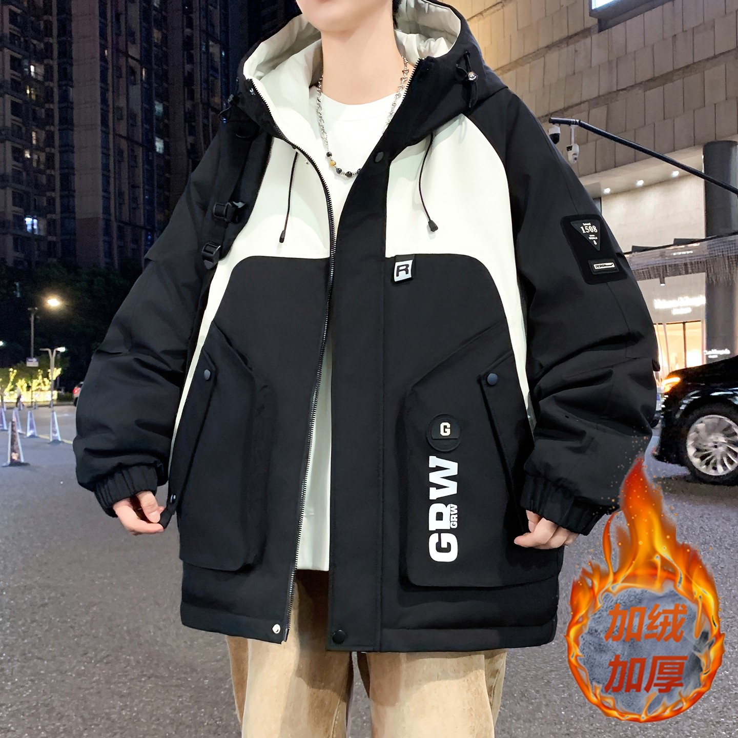 青少年羽绒服冬季新款男孩帅气学生冬装冲锋衣大童宽松加绒外套潮