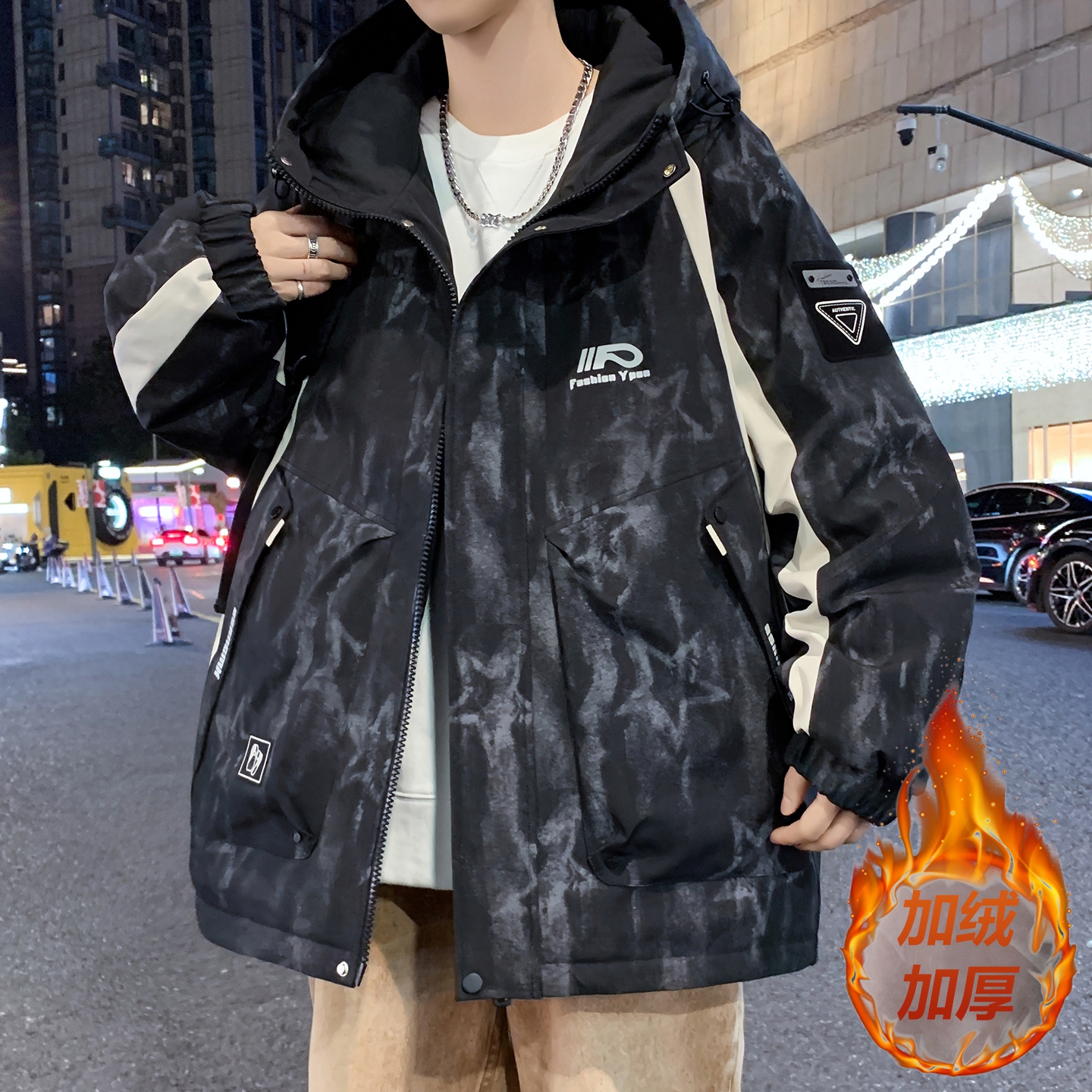 冲锋衣男秋冬2025新款棉衣青少年休闲宽松连帽羽绒服潮牌加绒外套