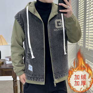 秋冬季13青少年加绒牛仔外套15岁男孩初高中学生14胖大童羽绒服潮