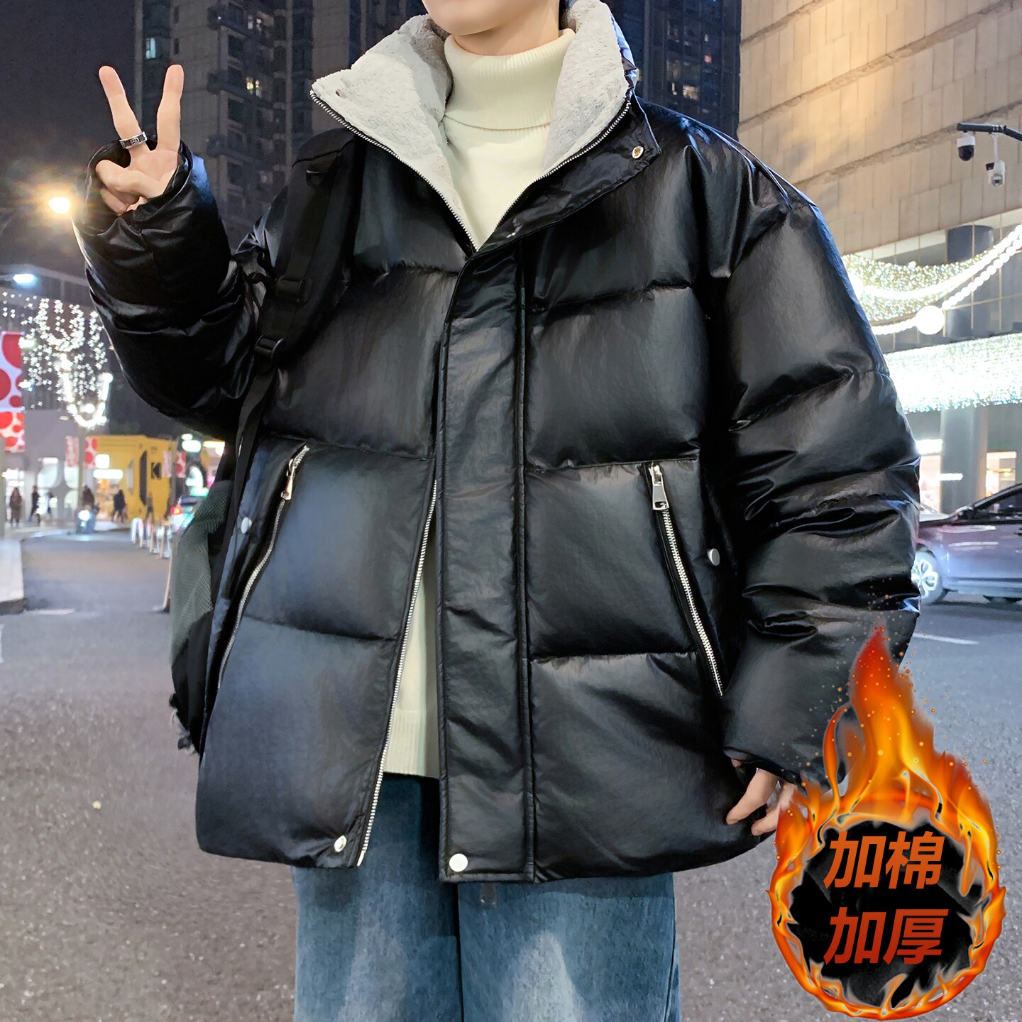 冬季羽绒服男初高中学生潮牌棉袄青少年大童PU皮棉衣加厚大码外套