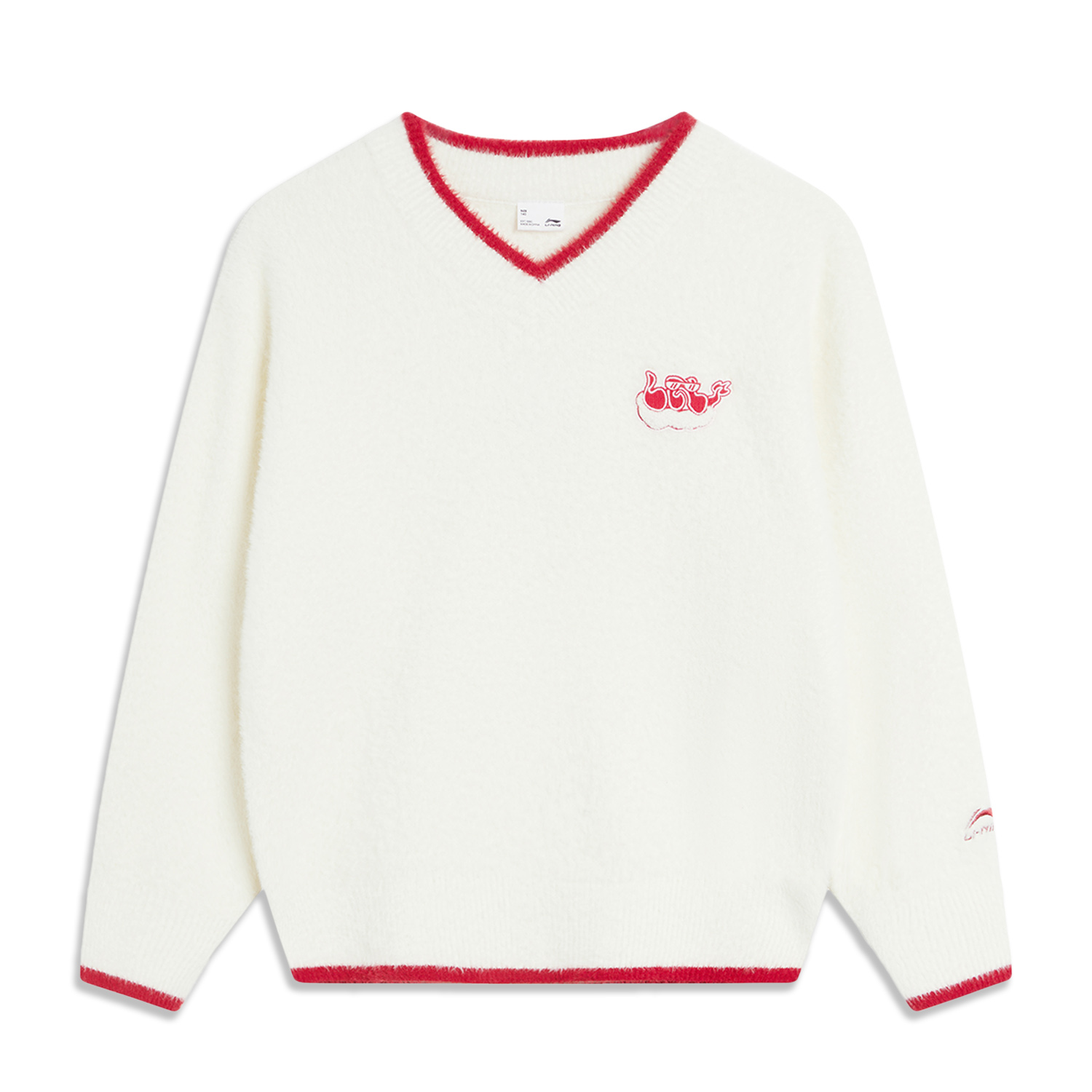 中国李宁女大童加绒毛衣2024福星高照宽松型V字领编织衫YMBU010