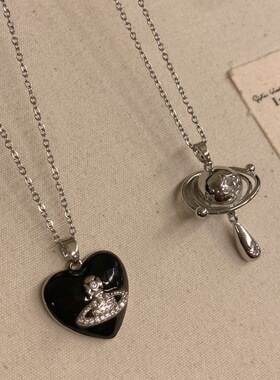 钛钢黑色爱心土星项链气质高级感星球锁骨链镶钻颈链甜酷辣妹颈链