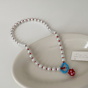 趣味红色草莓珍珠串珠项链女甜美精致可爱时尚 优雅百搭颈链锁骨链