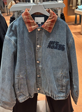 2025冬季新款男装  美式复古拼接格纹翻领牛仔棉衣男潮流宽松外套