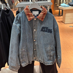 2025冬季新款男装  美式复古拼接格纹翻领牛仔棉衣男潮流宽松外套