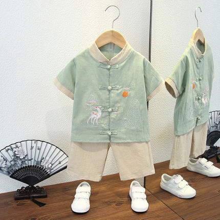 男童短袖唐装宝宝夏季中式复古古装儿童幼儿园演出服套装男孩汉服