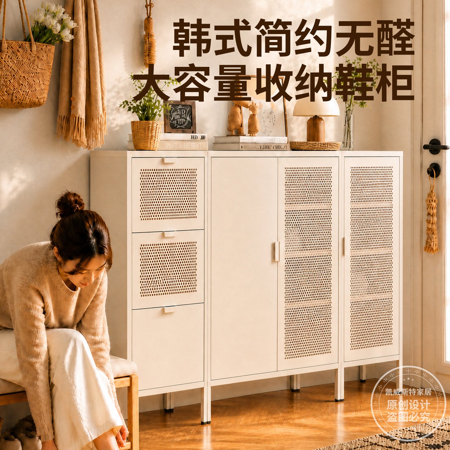 奶油风钢制大容量通风靠墙鞋柜