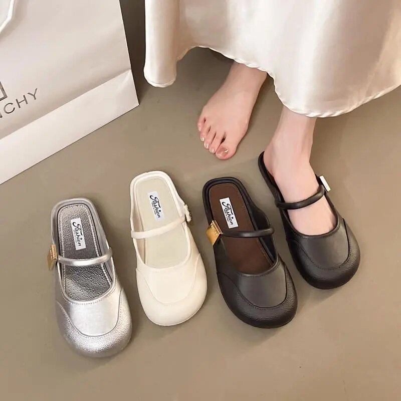 女士包头半拖鞋女夏外穿银色凉拖温柔仙女风法式晚晚软平底穆勒拖