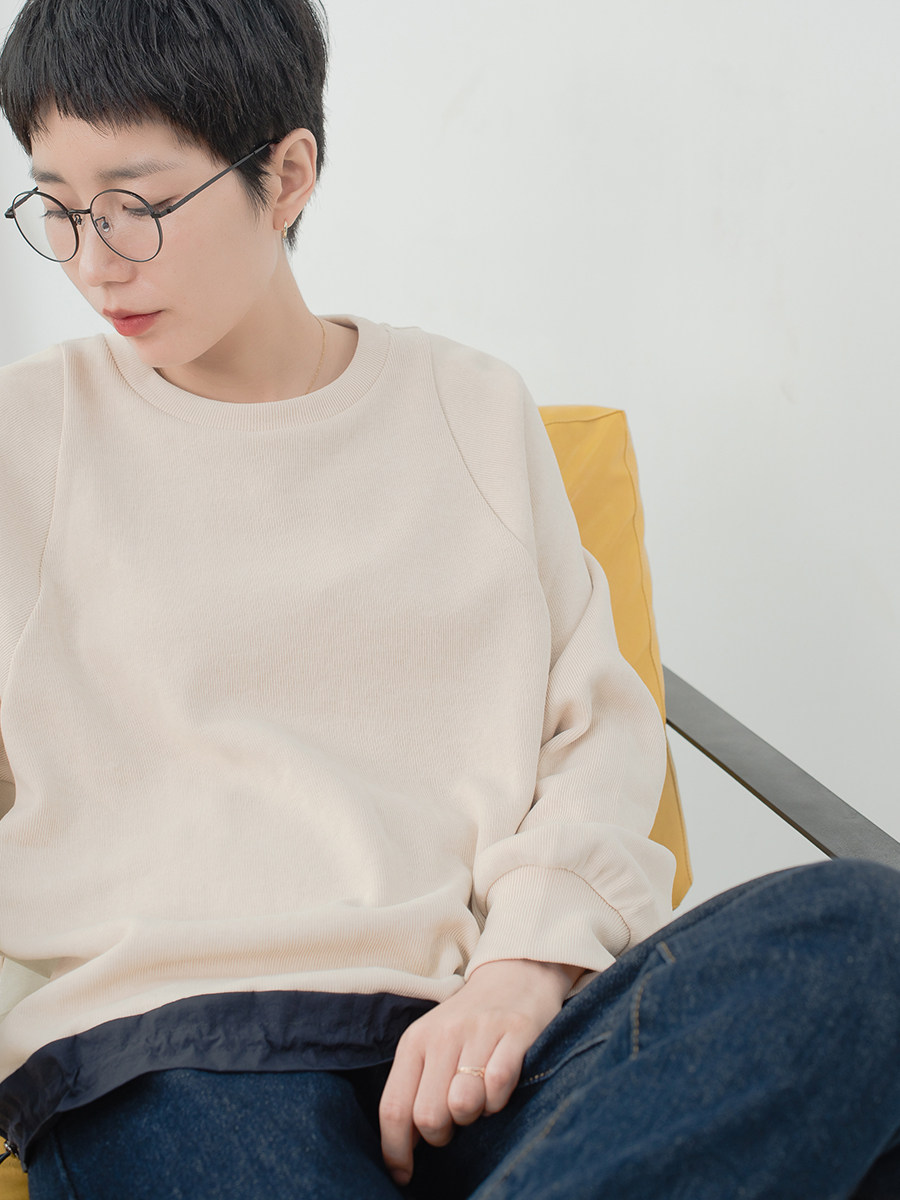 WUTELA春秋设计感纯棉圆领撞色卫衣女文艺长袖T恤宽松显瘦小个子
