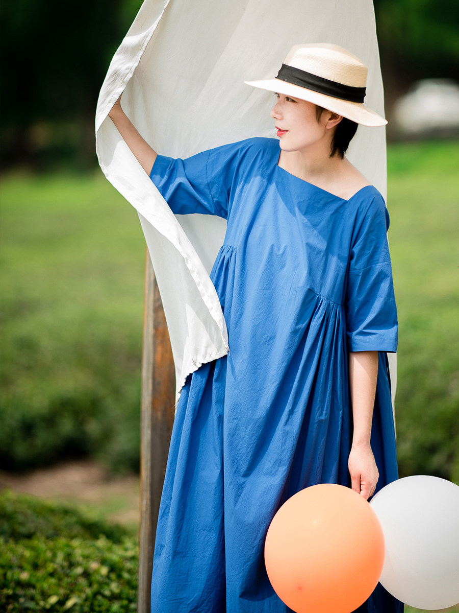 wutela棉麻女装 夏季海蓝色高密棉连衣裙方领高腰中长款宽松a字裙