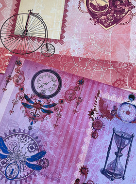 原创少女粉紫色痛包背景纸机械玫瑰手账拼贴diy装饰谷美素材