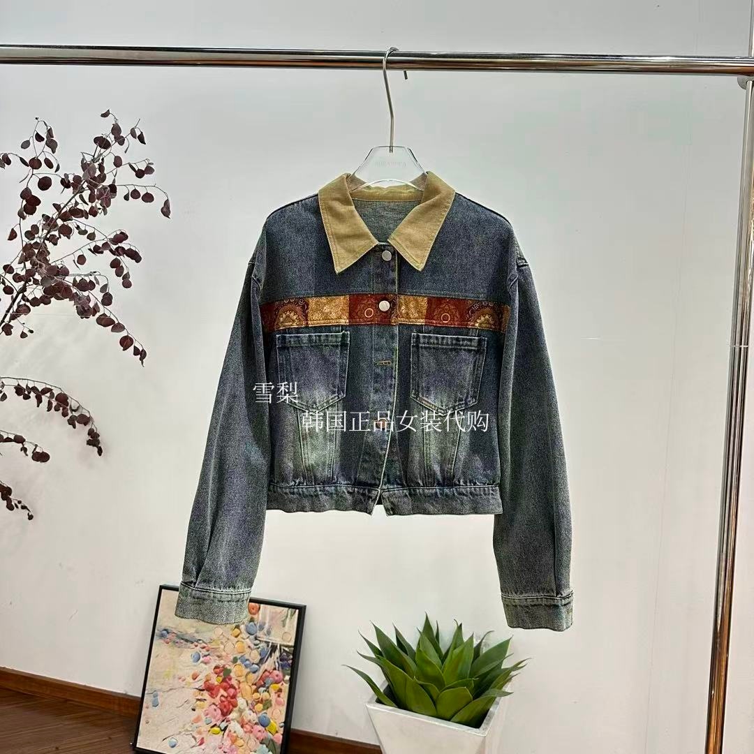 现货 欧货正品女装代购2025秋季新款翻领单排扣绣花拼接牛仔外套