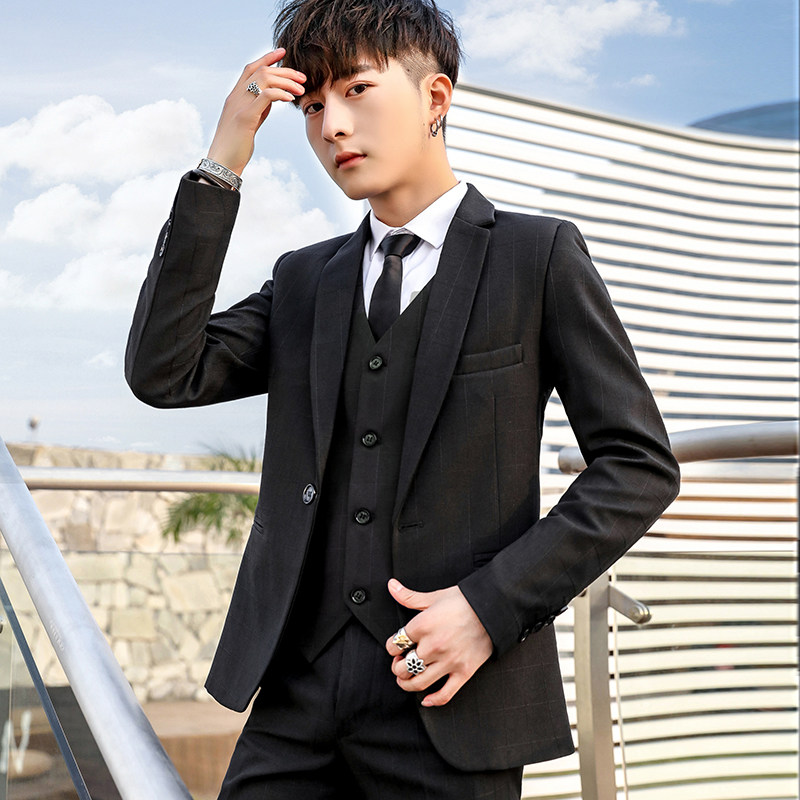 男士西服套装春秋修身格子韩版西装男三件套新郎伴郎团结婚礼服潮