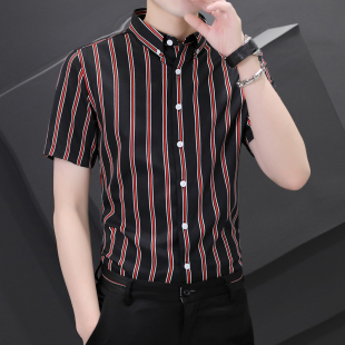 修身 夏季 衬衫 条纹短袖 休闲衬衣青少年学生帅气上衣外套潮 青年男士