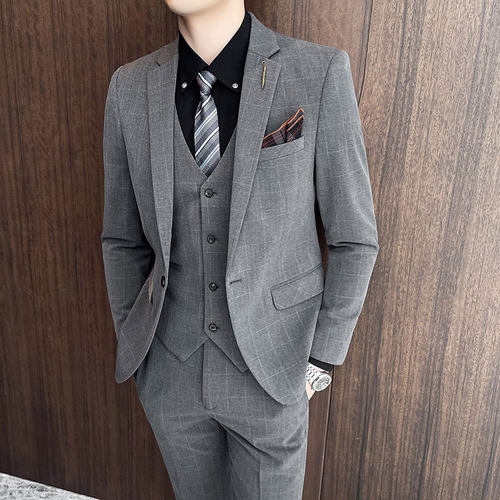 韩版婚礼正装格子三件套新郎西服