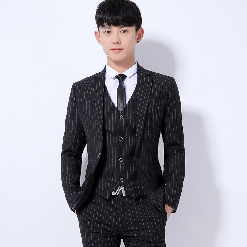 西服套装男英伦风条纹西装韩版修身三件套春秋新郎结婚衣服薄款潮