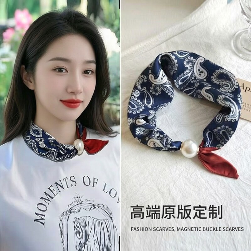 新款磁吸扣珍珠丝巾项链女夏季薄款锁骨链法式复古小领巾装饰围脖