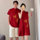 新中式 红色新年春节穿搭衣服 国风改良旗袍连衣裙大码 情侣装 夏套装