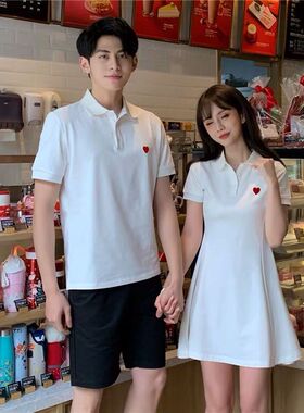 情侣装夏装POLO短袖白色T恤裙拍结婚登记照订婚领证衣服一裙一衣